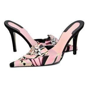 Rodolfo Zengarini Italy Satin Fabric Brooch Pointy Toe Mule Slip Toe Multi 39/8